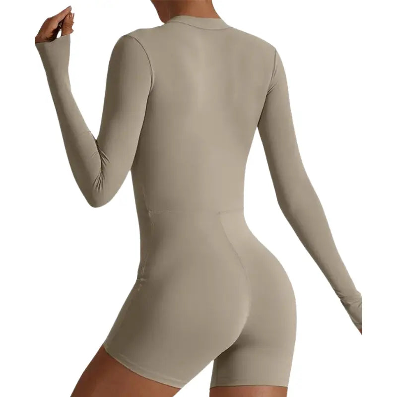 Zinnia – Breathable Shaping Fitness Jumpsuit Shorts with Flexible Fit and Convenient Front Zipper- Gray