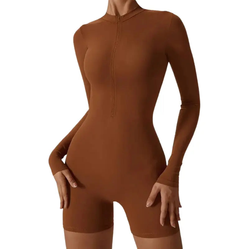 Zinnia – Breathable Shaping Fitness Jumpsuit Shorts with Flexible Fit and Convenient Front Zipper- Brown