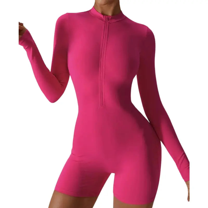 Zinnia – Breathable Shaping Fitness Jumpsuit Shorts with Flexible Fit and Convenient Front Zipper- Pink