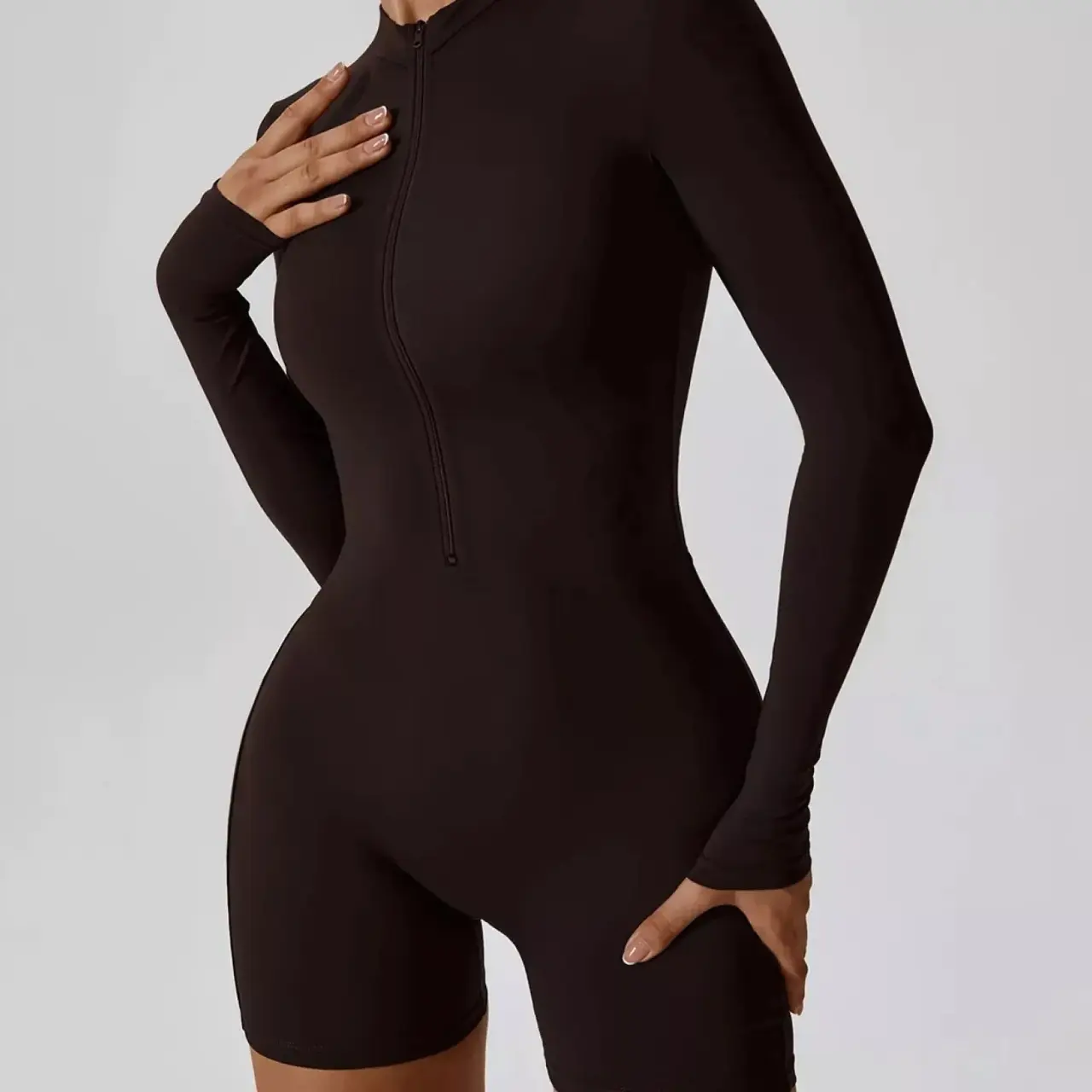 Zinnia – Breathable Shaping Fitness Jumpsuit Shorts with Flexible Fit and Convenient Front Zipper- Dark Brown