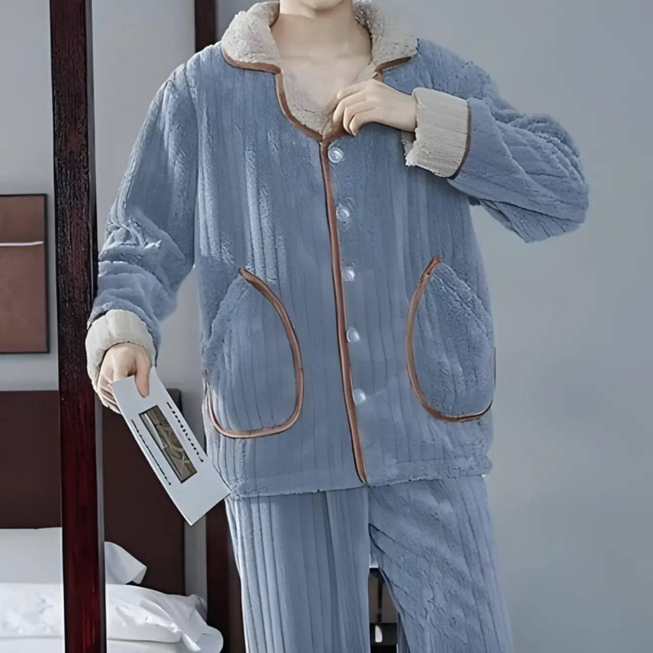 MunaWear - Pajama Sets - James - Cozy Long Sleeve Men's Pajama Set with Sherpa Lining for Cold Nights - Blue