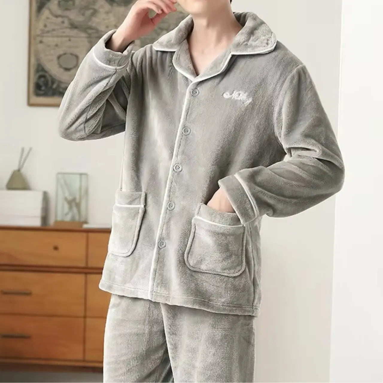 MunaWear - Pajama Sets - James - Cozy Long Sleeve Men's Pajama Set with Sherpa Lining for Cold Nights - Gray