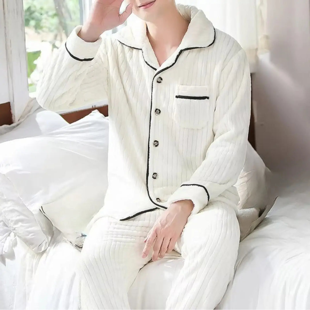 MunaWear - Pajama Sets - James - Cozy Long Sleeve Men's Pajama Set with Sherpa Lining for Cold Nights - White / 3XL