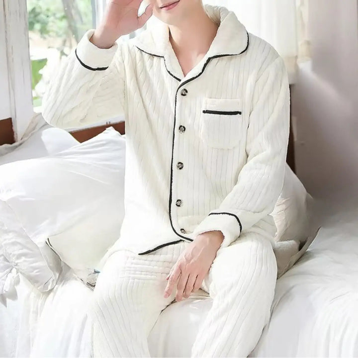 MunaWear - Pajama Sets - James - Cozy Long Sleeve Men's Pajama Set with Sherpa Lining for Cold Nights - White / 3XL