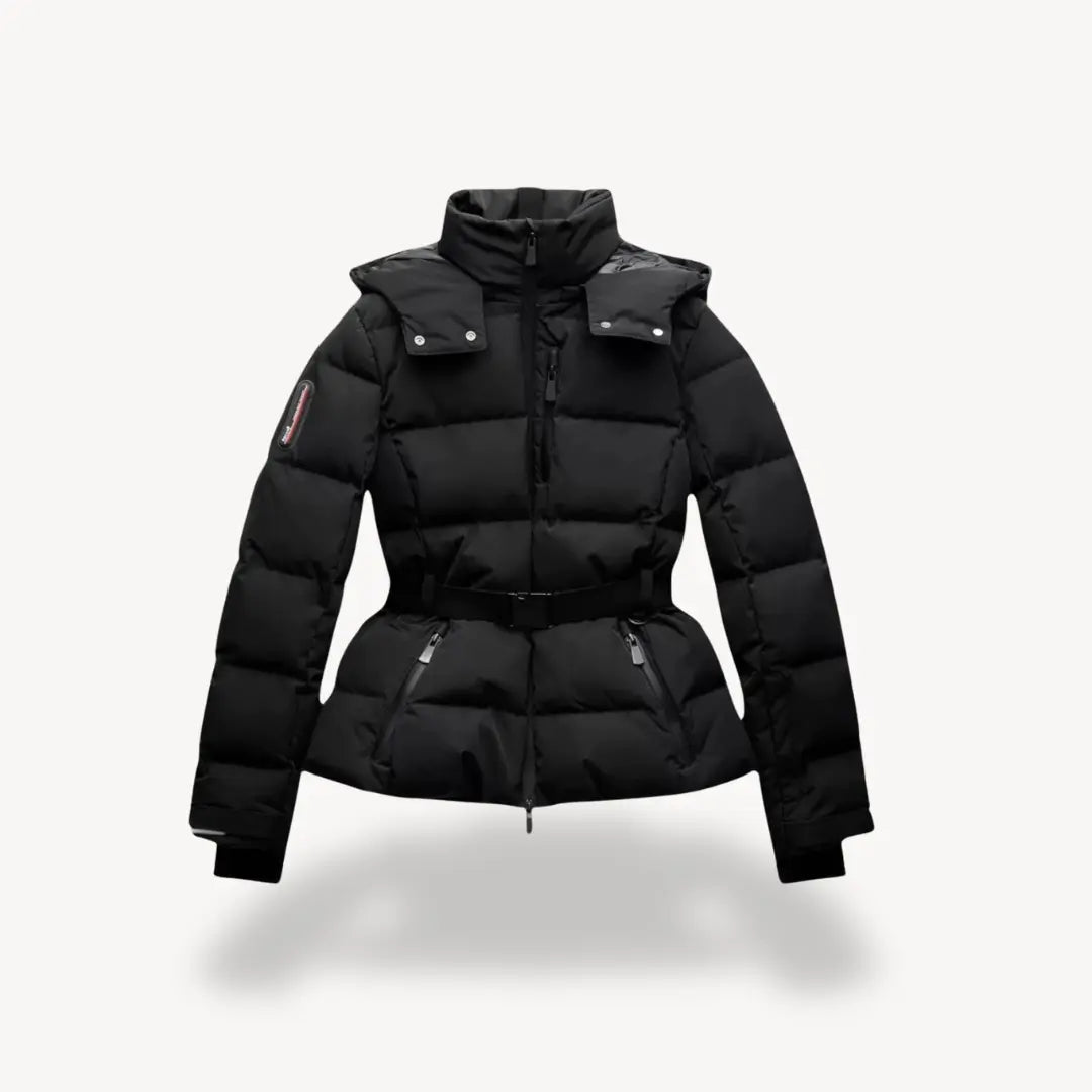 Water-Resistant Black Puffer Jacket for Women with Belted Design – Insulated Winter Coat 1