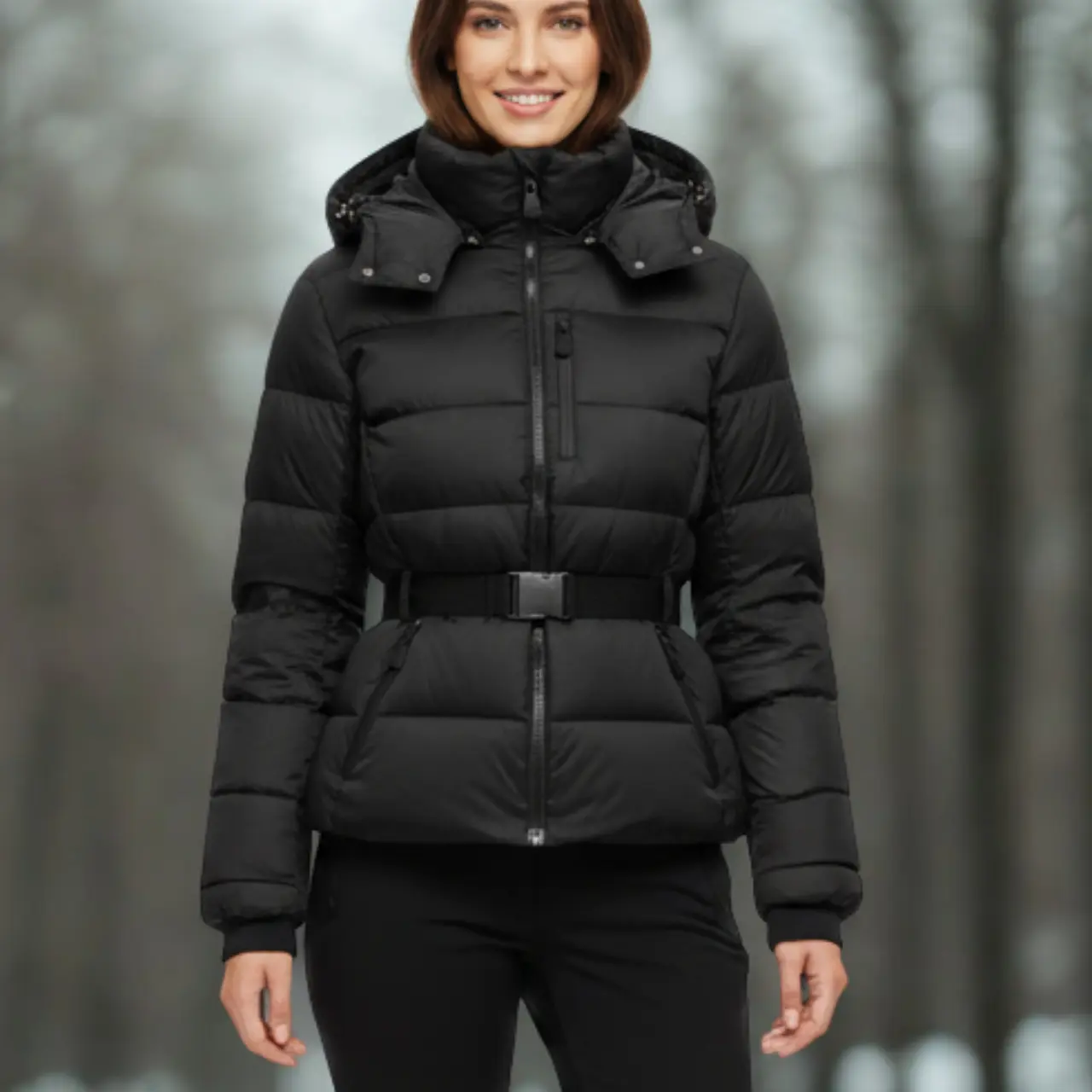 MunaWear - Puffer Jackets - Zenya – Water-Resistant Black Puffer Jacket With Belted Design For Winter Wear - 