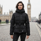 MunaWear - Puffer Jackets - Zenya – Water-Resistant Black Puffer Jacket With Belted Design For Winter Wear - 