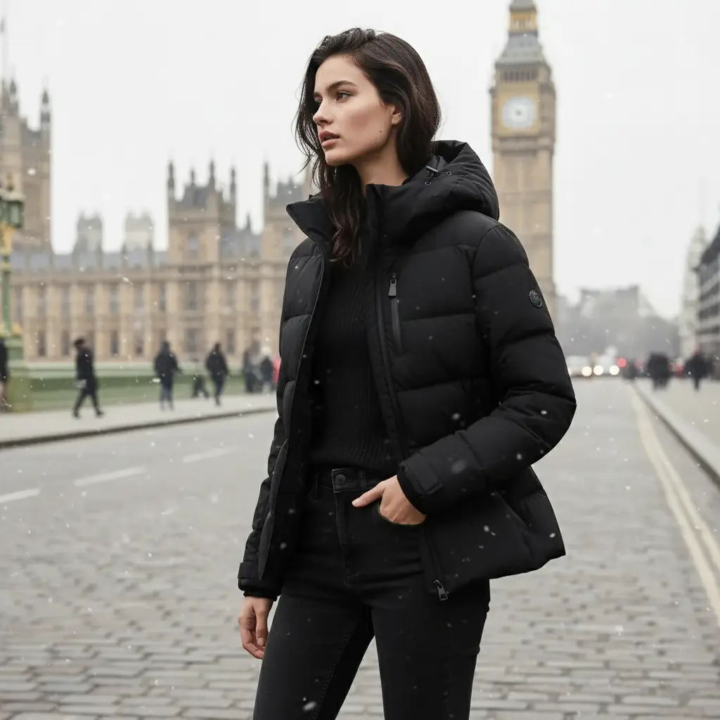 MunaWear - Puffer Jackets - Zenya – Water-Resistant Black Puffer Jacket With Belted Design For Winter Wear - 