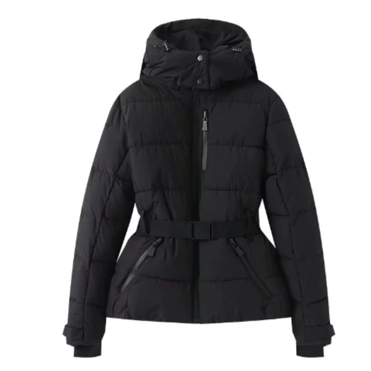 MunaWear - Puffer Jackets - Zenya– Water-Resistant Black Puffer Jacket With Belted Design For Winter Wear - Black / L