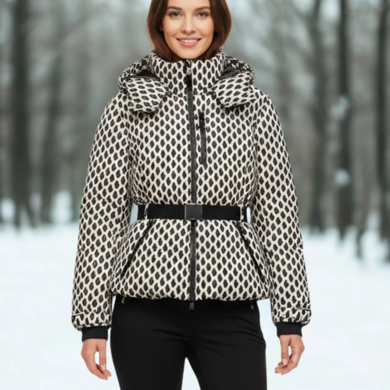 MunaWear - Puffer Jackets - Zenya – Water-Resistant Black Puffer Jacket With Belted Design For Winter Wear - Black/White / L