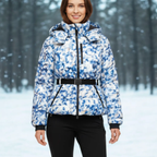 MunaWear - Puffer Jackets - Zenya – Water-Resistant Black Puffer Jacket With Belted Design For Winter Wear - Blue Flowers / L