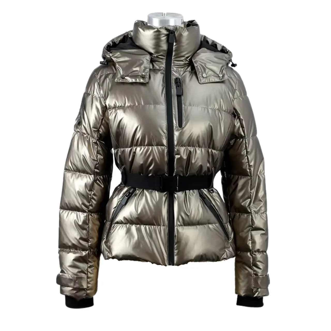 MunaWear - Puffer Jackets - Zenya– Water-Resistant Black Puffer Jacket With Belted Design For Winter Wear - Silver / L