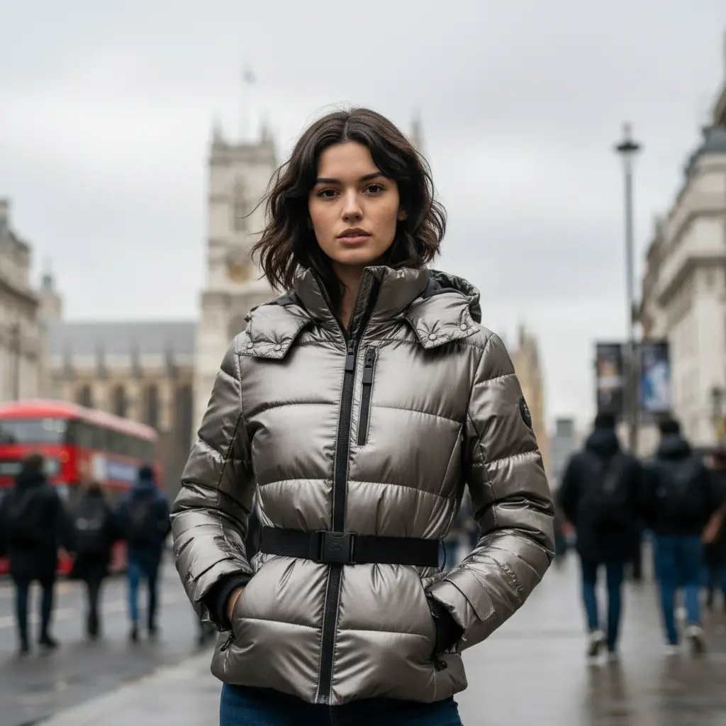 MunaWear - Puffer Jackets - Zenya – Water-Resistant Black Puffer Jacket With Belted Design For Winter Wear - Silver / L