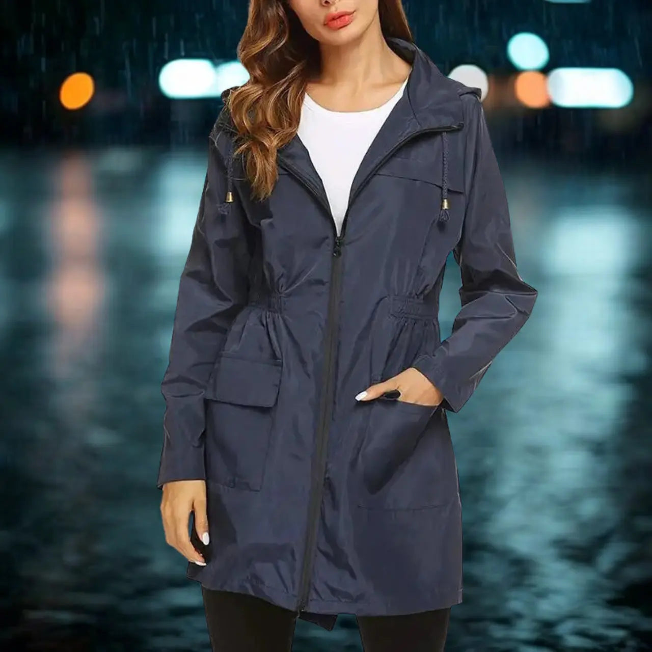 MunaWear - Rain Jackets - Faela – Stylish Women's Hooded Rain Jacket With Lightweight Design For Unpredictable Weather - Navy Blue