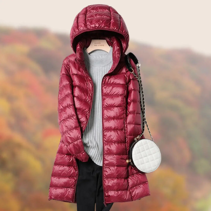 MunaWear - Jackets - Amarie – Cozy Women's Rain Jacket With Modern Hood For Stylish Winter Wear - Dark Red