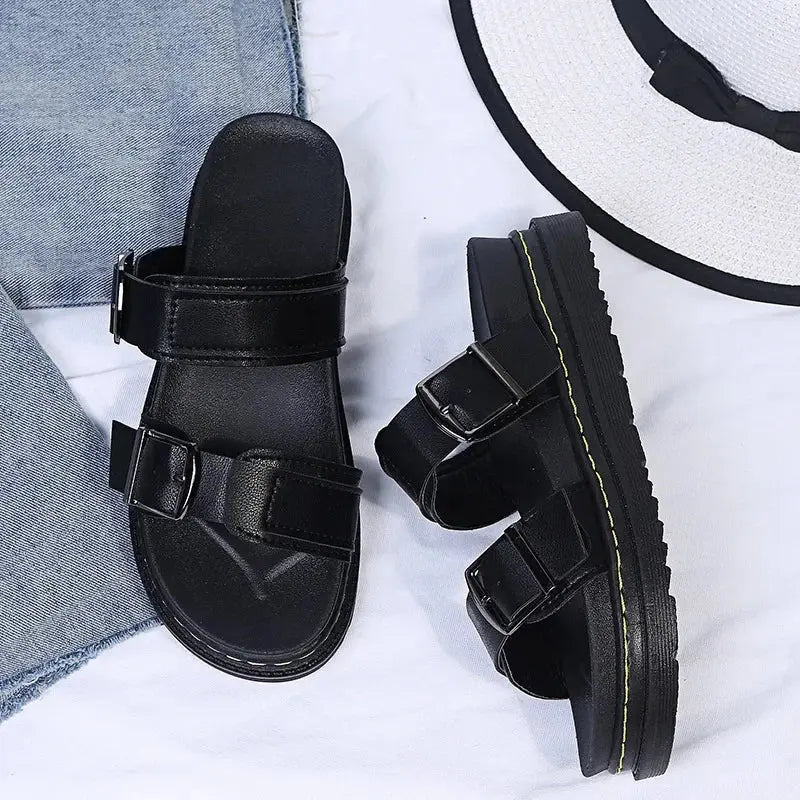 MunaWear  Sandals  Mia – Women's PU Leather Mid-Heel Sandals with Metal Buckle for Summer Beach Outings 