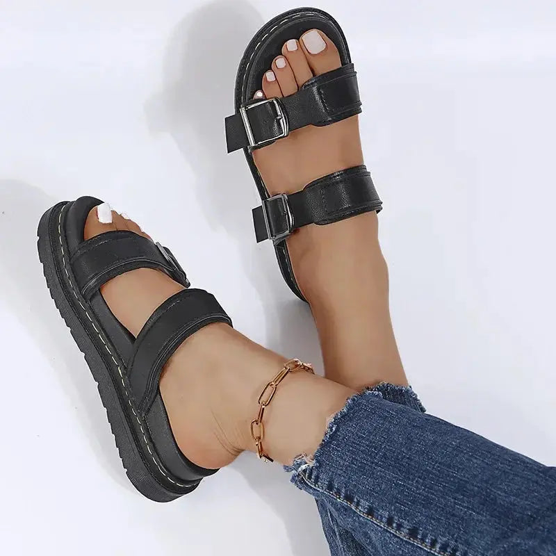 MunaWear  Sandals  Mia – Women's PU Leather Mid-Heel Sandals with Metal Buckle for Summer Beach Outings 