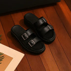 MunaWear - Sandals & Slides - Celeste – Women's PU Leather Mid-Heel Sandals with Metal Buckle for Summer Beach Outings - 