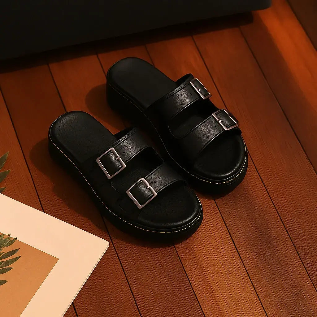 MunaWear - Sandals & Slides - Celeste – Women's PU Leather Mid-Heel Sandals with Metal Buckle for Summer Beach Outings - 