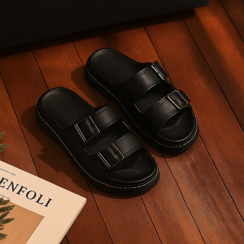 MunaWear - Sandals & Slides - Celeste – Women's PU Leather Mid-Heel Sandals with Metal Buckle for Summer Beach Outings - Black-43