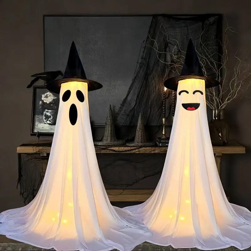 Creepy Halloween Ghost Decoration Figures with LED Lights and Witch Hats – Scary Outdoor Halloween Props for Parties and Home Décor 2