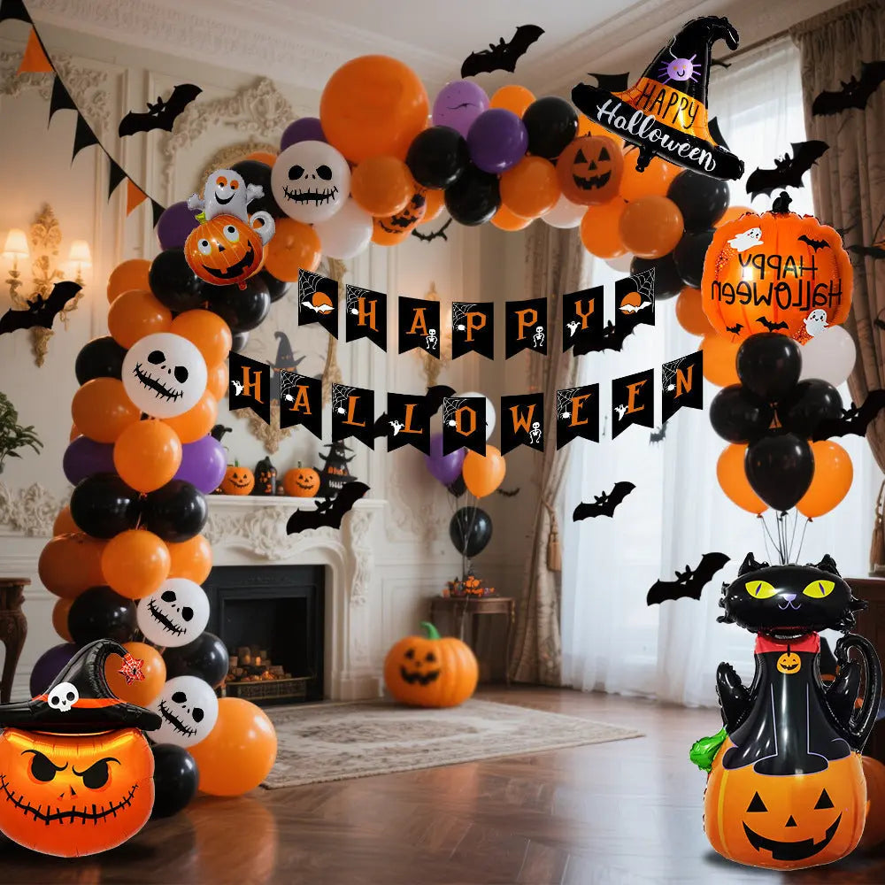 Spooky Halloween Decoration Set – Balloon Arch and Figures in Orange, Black, and Purple for Parties and Festivals 1