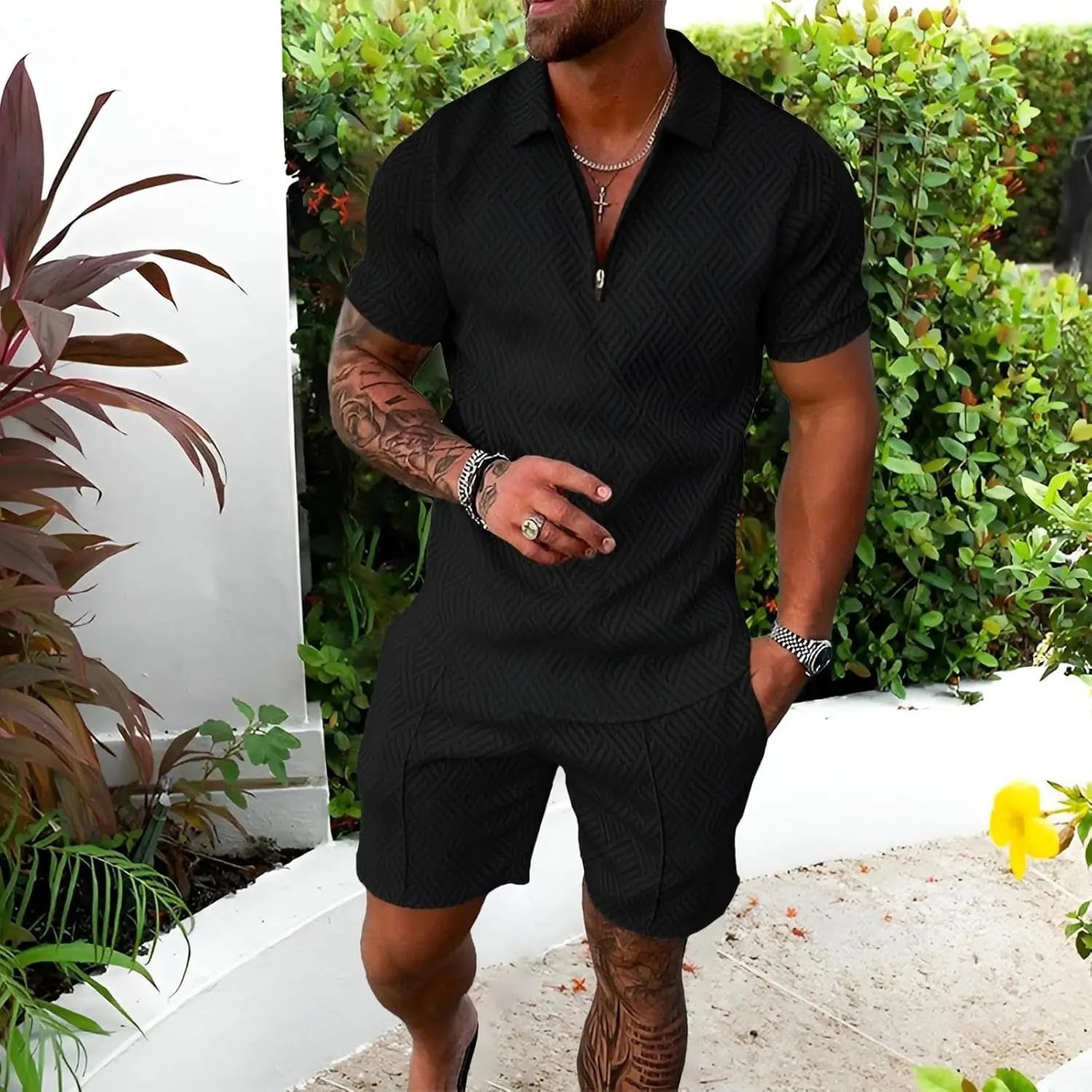 MunaWear - Sets - Finn – Men's Summer Set with Polo Shirt & Shorts, Lightweight Casual Outfit for Warm Days - Black / 3XL