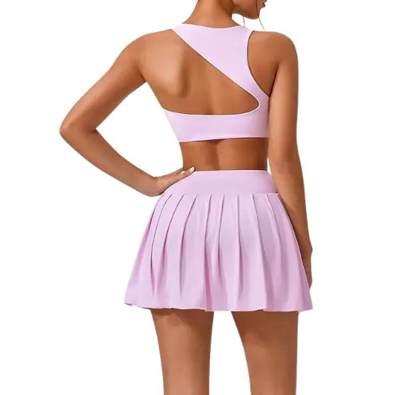 MunaWear - Sets - Tessa - Stylish Wide Shoulder Top & Skirt Set for Fitness and Yoga Enthusiasts - Pink / XL / XL