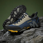 MunaWear - Shoes - TrailFloat – Waterproof Genuine Leather Hiking Boots for Men and Women, Durable & Comfortable Outdoor Footwear - Dark Blue/Yellow / 45