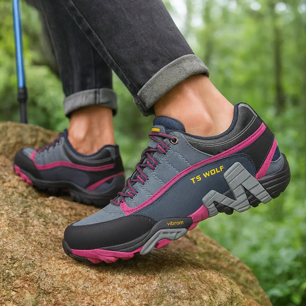 MunaWear - Shoes - TrailFloat – Waterproof Genuine Leather Hiking Boots for Men and Women, Durable & Comfortable Outdoor Footwear - Dark Gray/Pink / 45