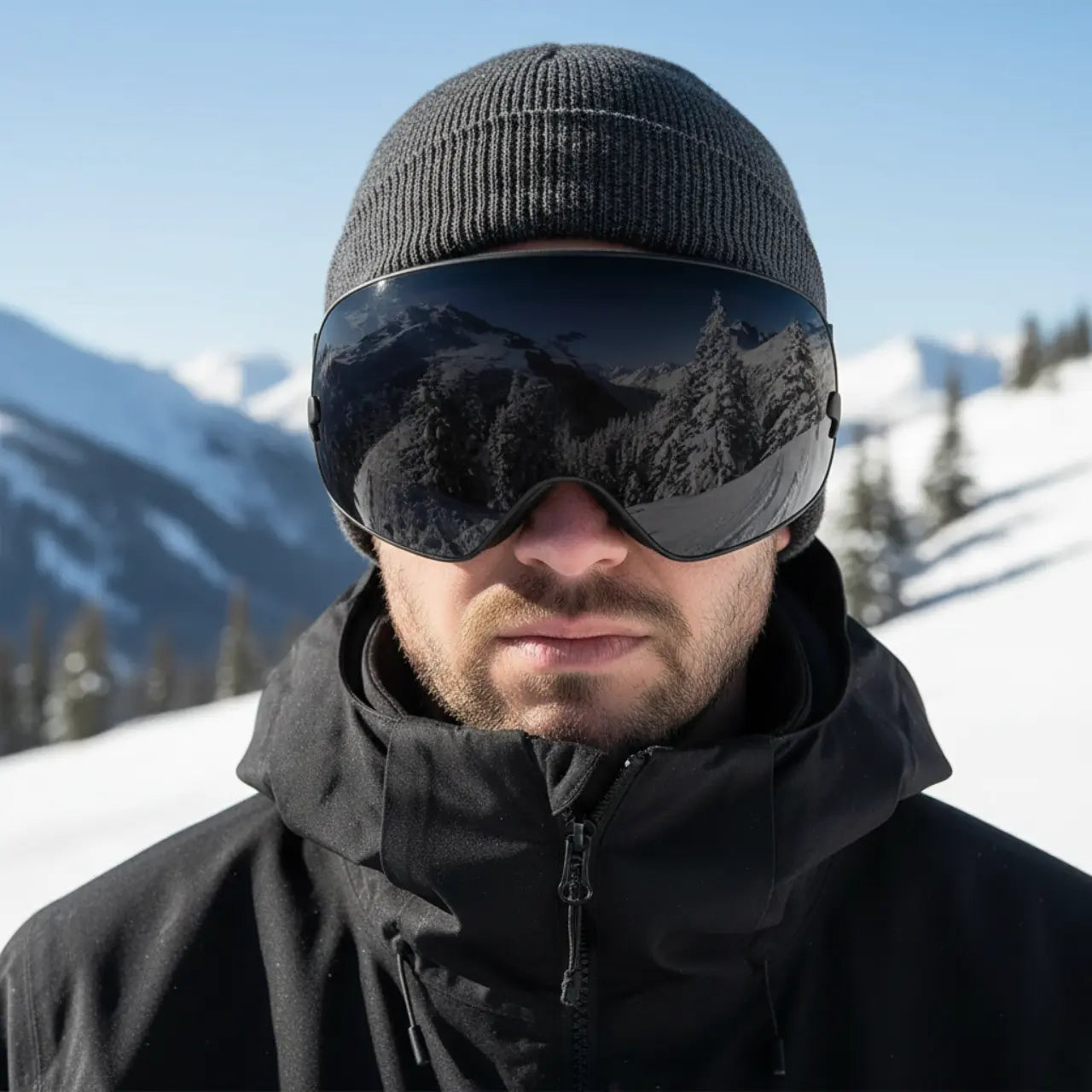 MunaWear - Ski Goggles - Frosk – Premium Men's Ski Goggles With Anti-Fog Lens For Snow Adventures - Black Lens/Black Frame