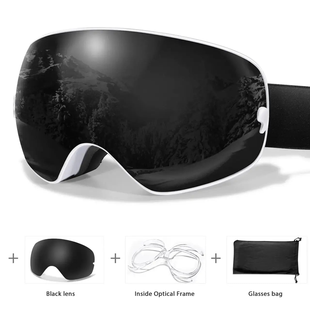 MunaWear - Ski Goggles - Frosk – Premium Men's Ski Goggles With Anti-Fog Lens For Snow Adventures - Black Lens/White Frame