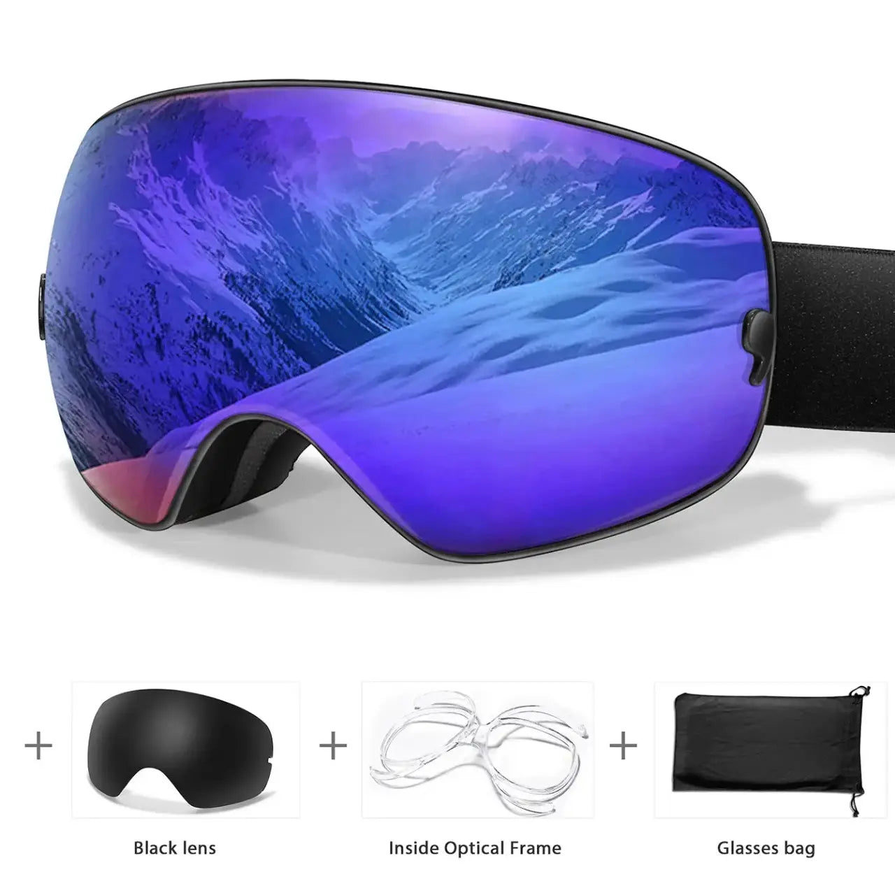 MunaWear - Ski Goggles - Frosk – Premium Men's Ski Goggles With Anti-Fog Lens For Snow Adventures - Blue Lens/Black Frame