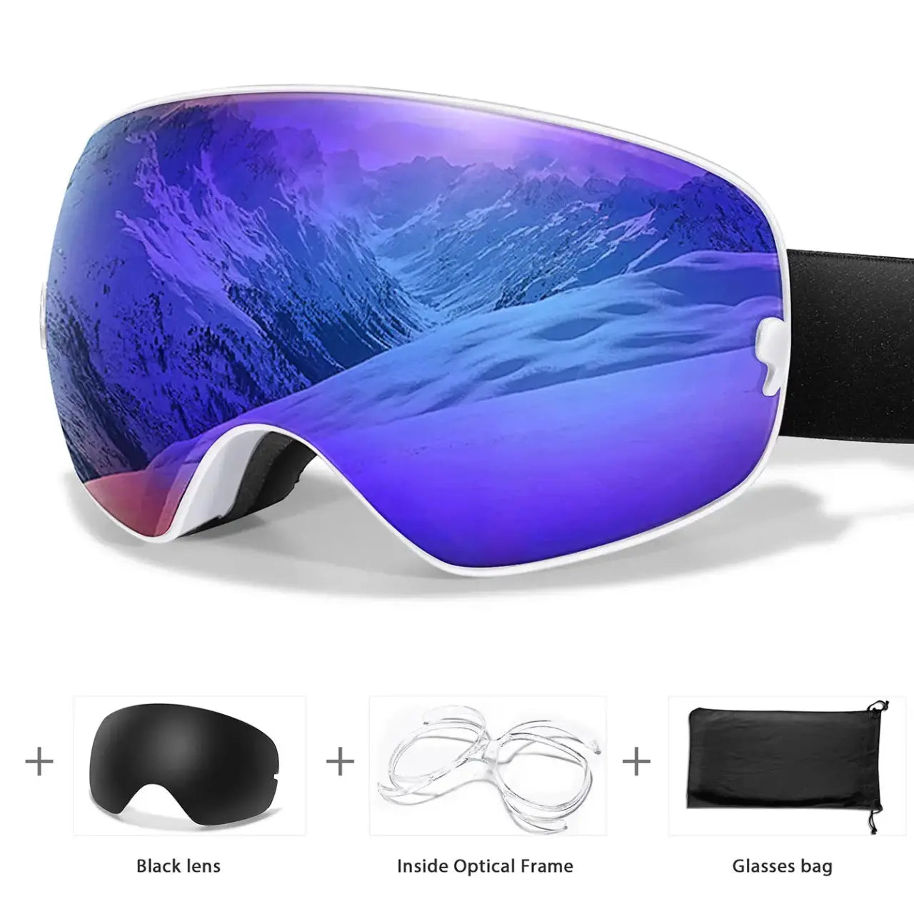 MunaWear - Ski Goggles - Frosk – Premium Men's Ski Goggles With Anti-Fog Lens For Snow Adventures - Blue Lens/White Frame