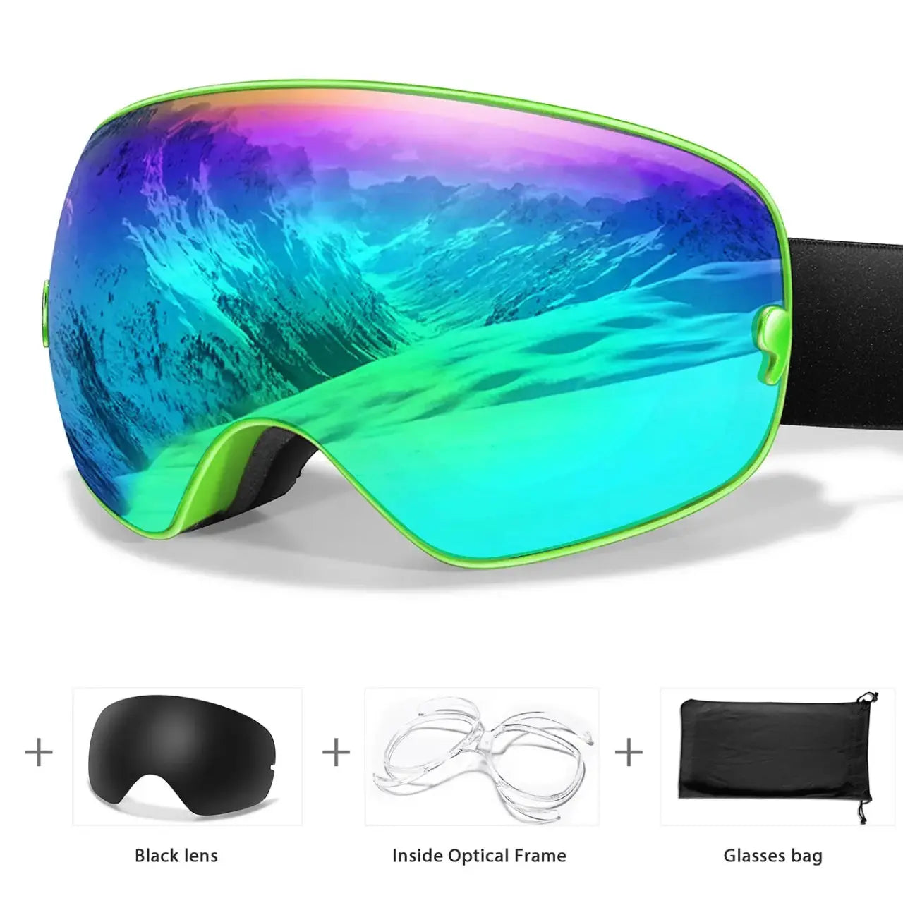 MunaWear - Ski Goggles - Frosk – Premium Men's Ski Goggles With Anti-Fog Lens For Snow Adventures - Light Blue Lens/Green Frame