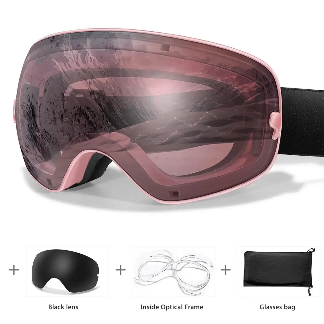 MunaWear - Ski Goggles - Frosk – Premium Men's Ski Goggles With Anti-Fog Lens For Snow Adventures - Pink Lens/Pink Frame