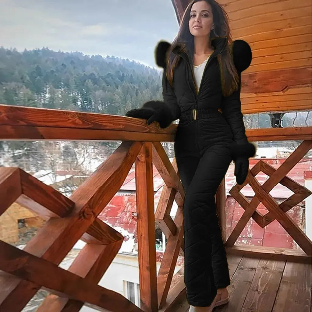 MunaWear - Ski Suits - Liora - Functional Women's Ski Suit With Hood and Belted Waist For Skiing And Winter Sports - Black / 3XL