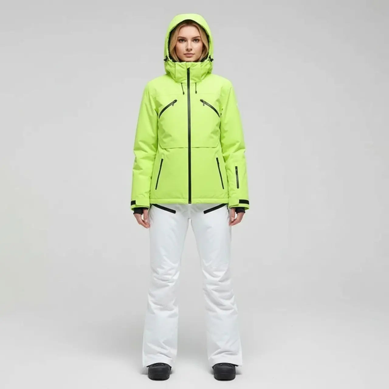 MunaWear - Ski Suits - Noelle – Stylish Women's Ski Suit With Waterproof Features For Winter Sports - Green Coat/White Pants / 3XL