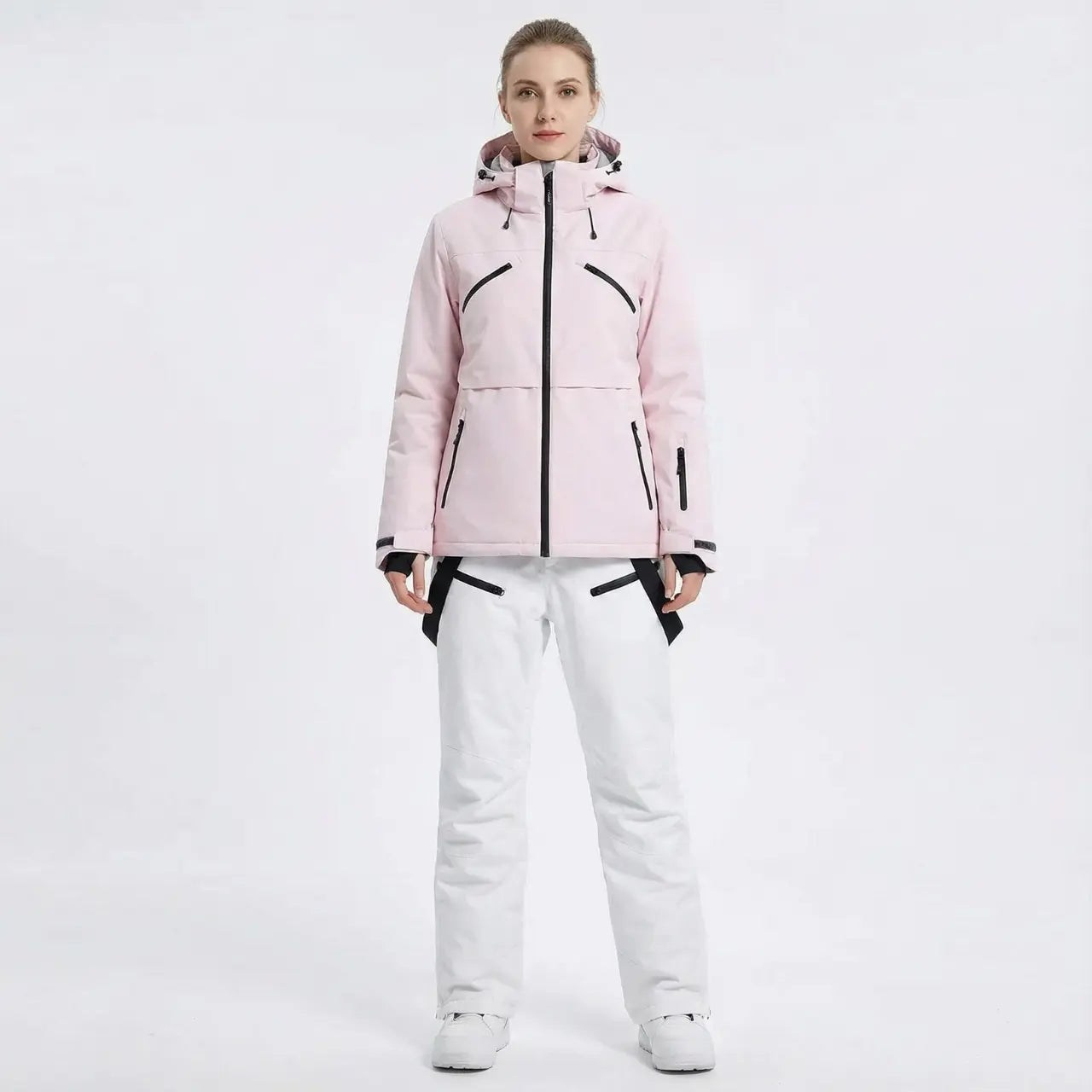 MunaWear - Ski Suits - Noelle – Stylish Women's Ski Suit With Waterproof Features For Winter Sports - Pink Coat/White Pants / 3XL
