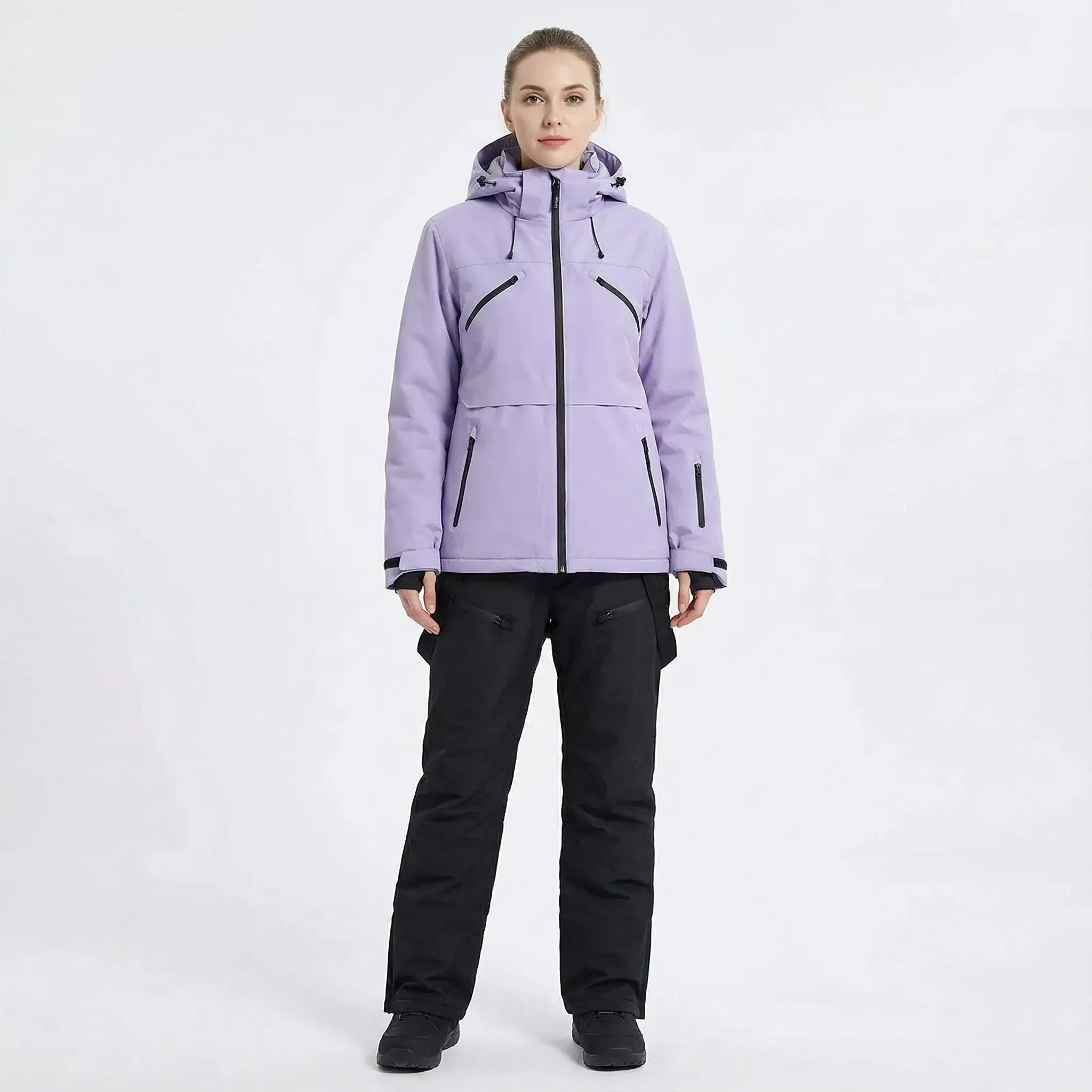 MunaWear - Ski Suits - Noelle – Stylish Women's Ski Suit With Waterproof Features For Winter Sports - Purple Coat/Black Pants / 3XL