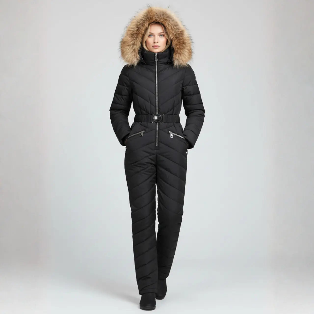 MunaWear - Ski & Snowboard Apparel - Alexandra – Stylish Women's Ski Suit With Windproof Design For Winter Sports - Black / 2XL