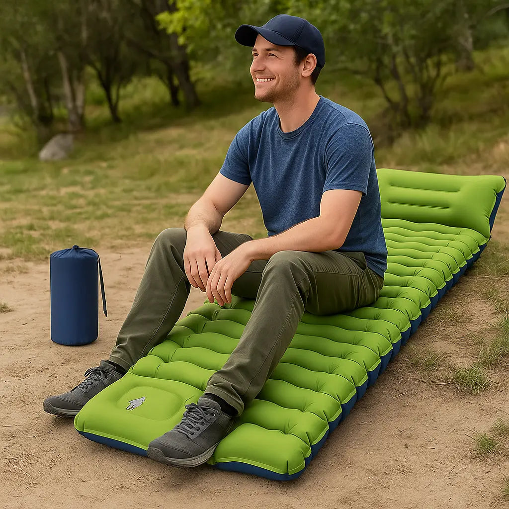 MunaWear - Sleeping Pads - Nira – Super Thick 4-Inch Camping Bed with Built-In Pillow & Pump for Hiking, Tent & Outdoor Sleeping, Size Single - Green / Single