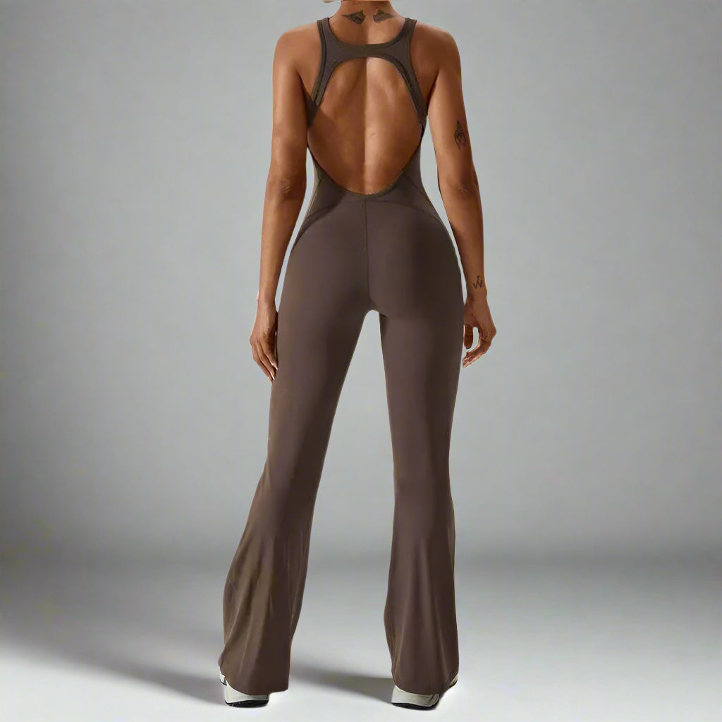 MunaWear  Sportswear  Sierra - Chic Open-Rug Flared Jumpsuit for Effortless Athleisure Style