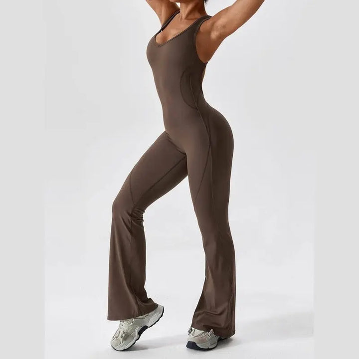MunaWear  Sportswear  Sierra - Chic Open-Rug Flared Jumpsuit for Effortless Athleisure Style