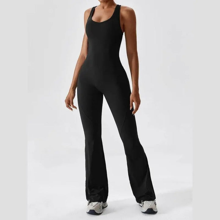 MunaWear  Sportswear  Sierra - Chic Open-Rug Flared Jumpsuit for Effortless Athleisure Style