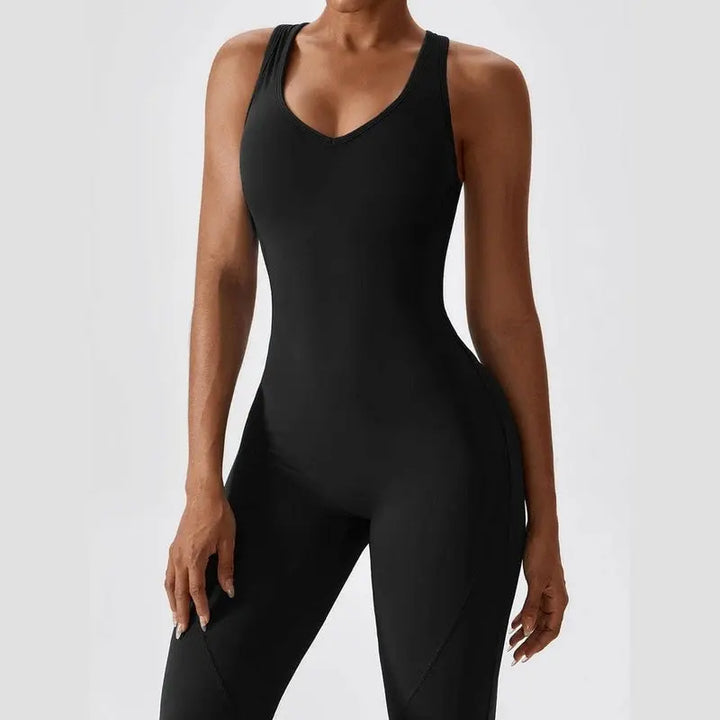 MunaWear  Sportswear  Sierra - Chic Open-Rug Flared Jumpsuit for Effortless Athleisure Style