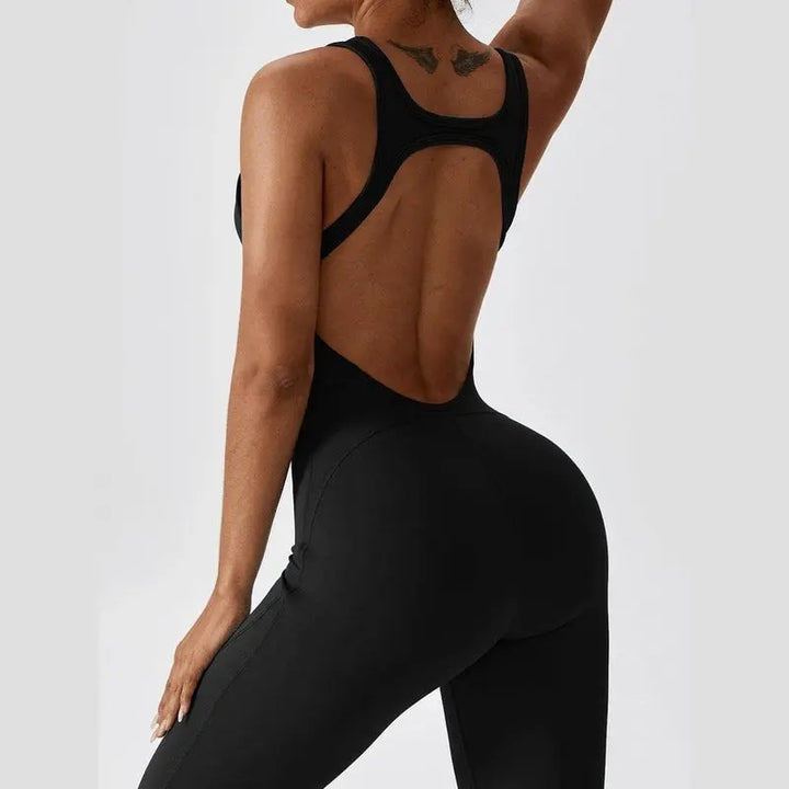 MunaWear  Sportswear  Sierra - Chic Open-Rug Flared Jumpsuit for Effortless Athleisure Style