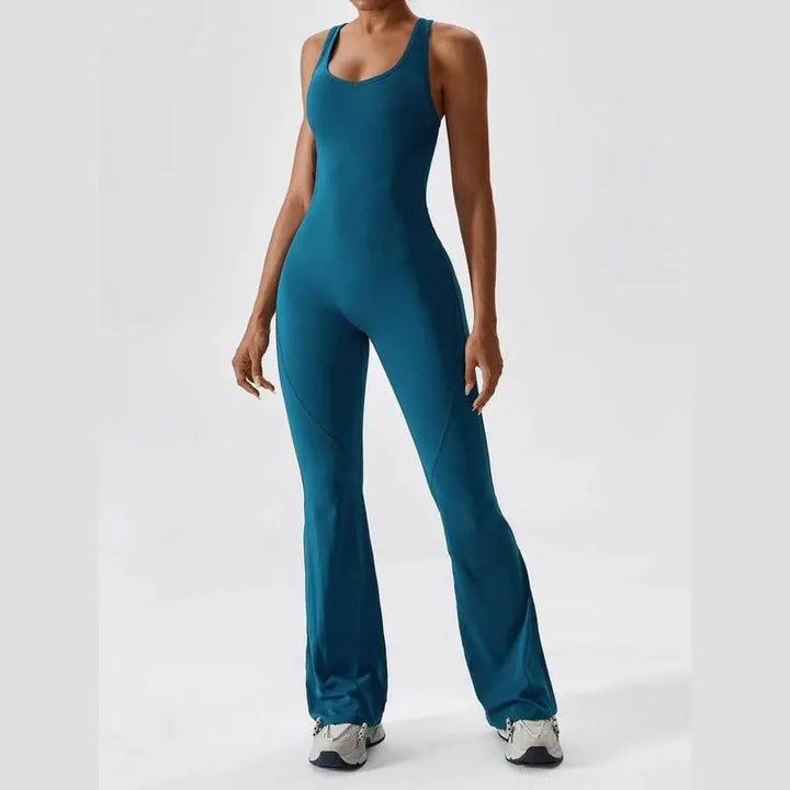 MunaWear  Sportswear  Sierra - Chic Open-Rug Flared Jumpsuit for Effortless Athleisure Style