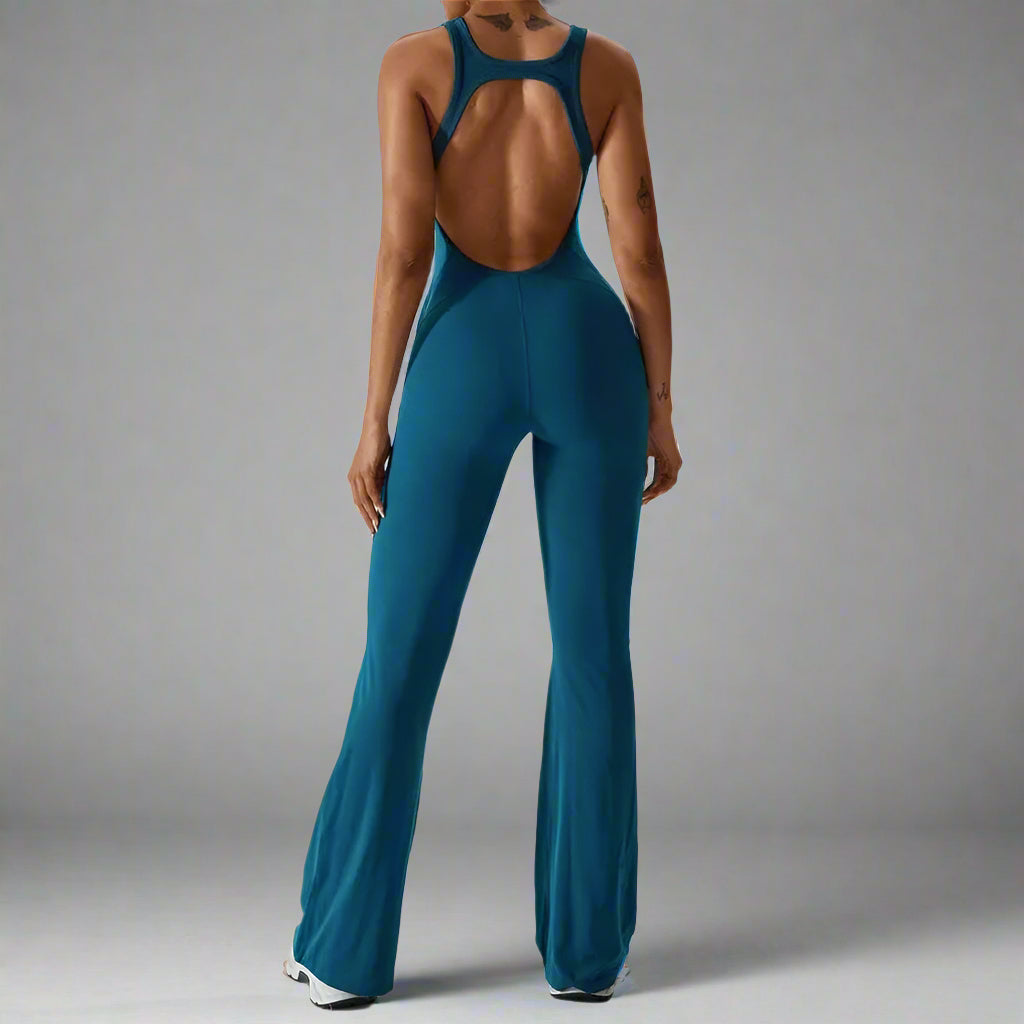 MunaWear  Sportswear  Sierra - Chic Open-Rug Flared Jumpsuit for Effortless Athleisure Style
