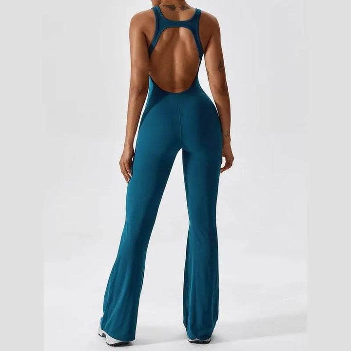 MunaWear  Sportswear  Sierra - Chic Open-Rug Flared Jumpsuit for Effortless Athleisure Style